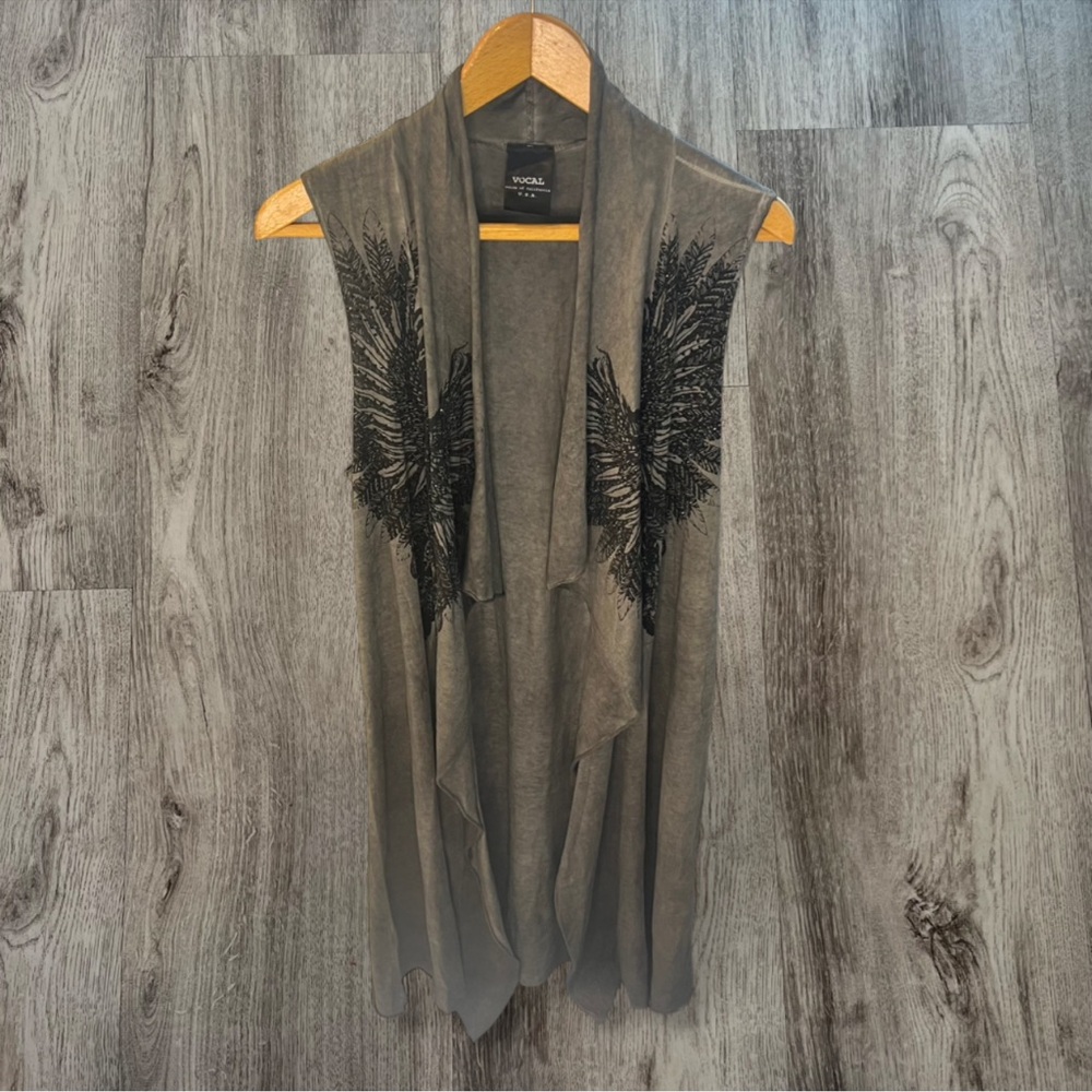 Vocal Gray Sleeveless Drape Vest Beaded Wing Detail